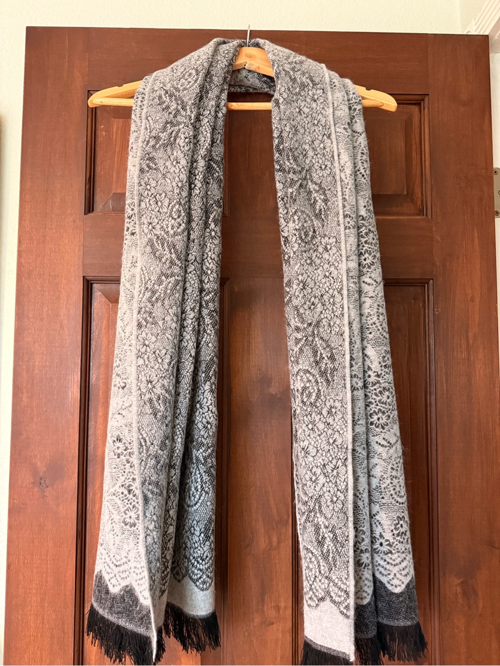 Gray Cashmere Patterned Fringe Scarf by